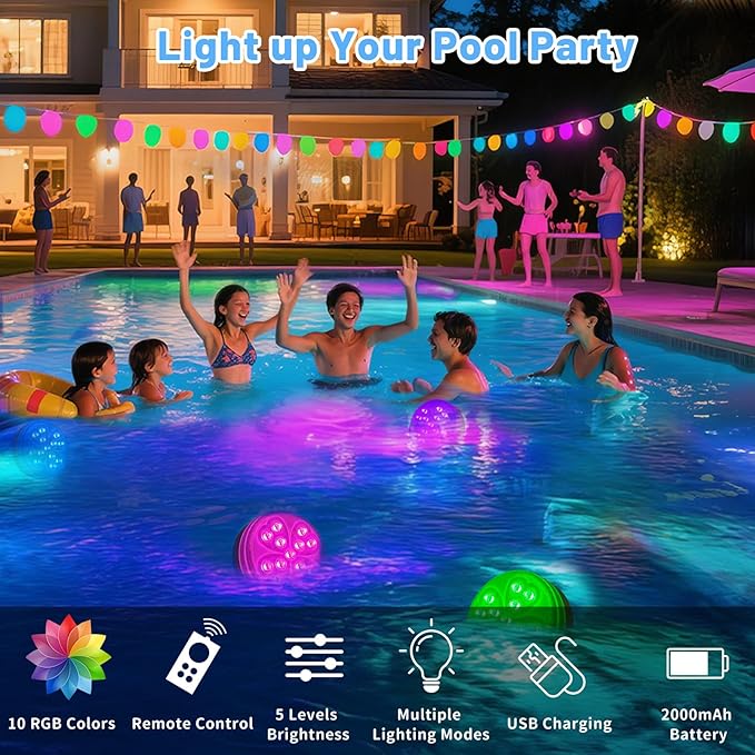 Pool Lights - Rechargeable Submersible LED Light with Remote, 10 Colors & 4 Modes IP68 Waterproof Pool Decor Light for Pool/Vase Base/Spa/Aquarium/Pond/Hot Tub/Decoration/Party, 2-Pack (2 PCS)