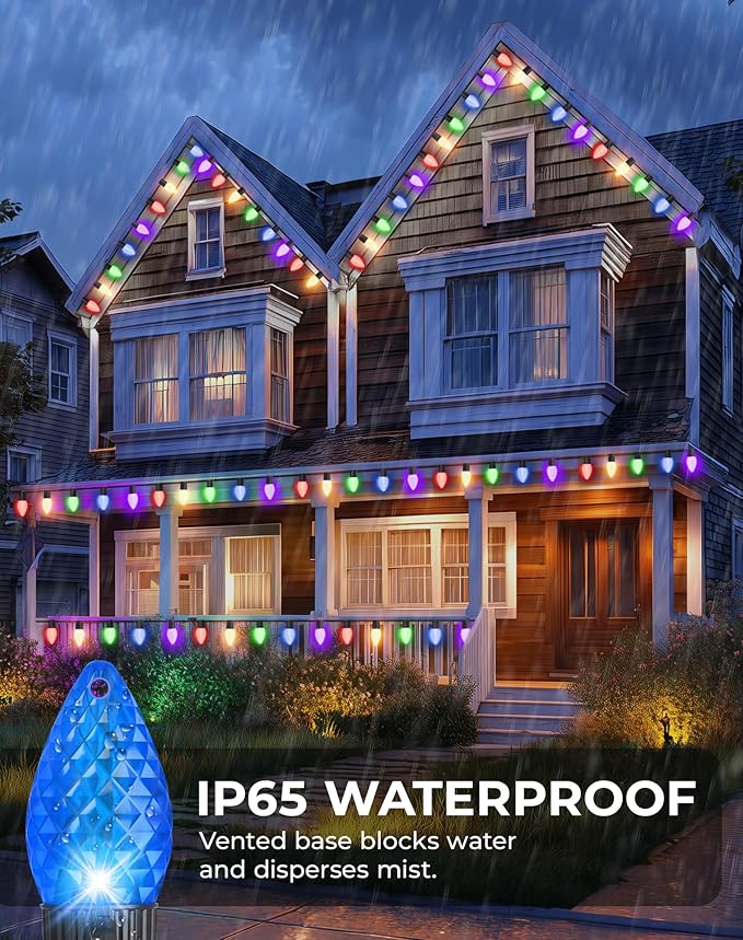 Smart C9 Christmas Lights Outdoor RGB, 66Ft 100 LEDs Dynamic C9 String Lights DIY Chasing Effects APP Remote Controlled, Waterproof, Music Sync, Connectable Tree Lights for Roofline Fence Decoration