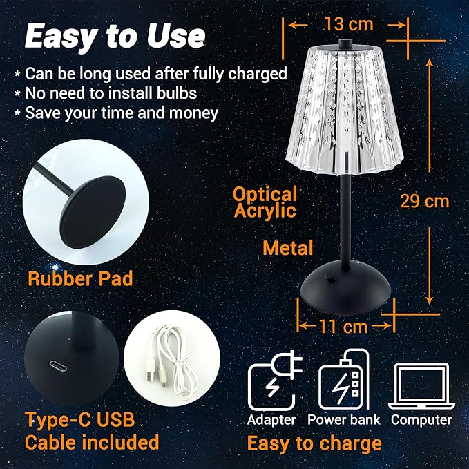Cordless Table Lamp, 4000mAh Rechargeable Battery Operated Lamp, 3 Color Modes & Stepless Dimmable LED Touch Lamp, Portable Crystal Metal Beside Lamps for Bedroom Restaurant Outdoor(Black)