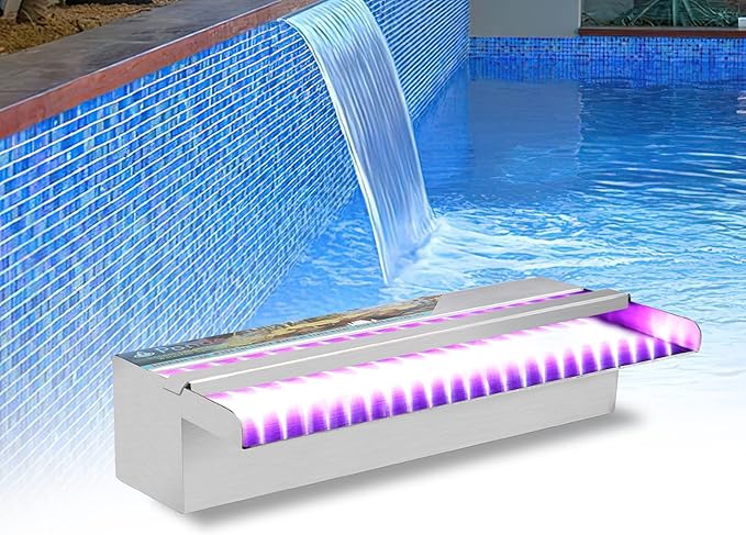 YUDA 12" Stainless Steel Waterfall Pool Fountain with SMD LED 7 Color Changing and Remote, Lighted Waterfall Spillway for Sheer Descent Garden Outdoor