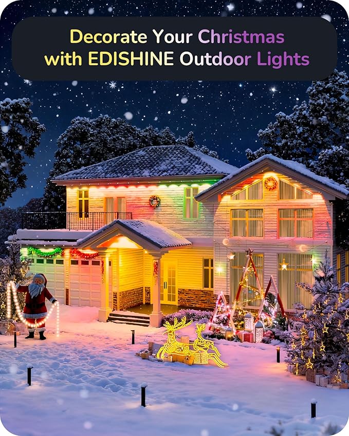 EDISHINE 200ft Cuttable Outdoor Permanent Christmas Lights Pro, 120 LED Smart RGB+IC+Warm White Eave Light, App/Remote, 111 Scene Modes IP67 Waterproof for House and Daily Decor, Alexa Google Enable