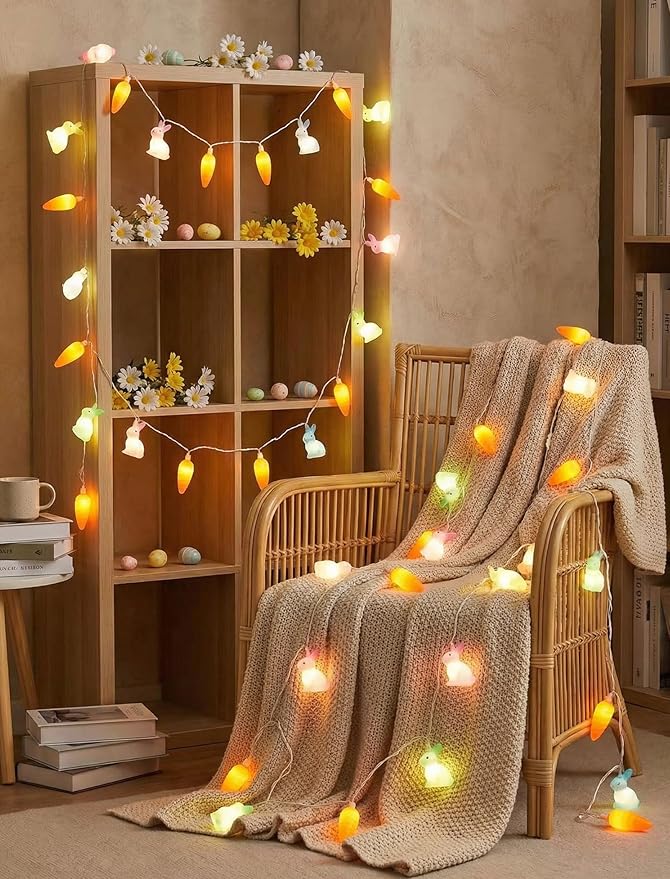 LED Easter Bunny Carrot String Lights, 8.5Ft Plug in Rabbit Lights Indoor Easter Decorations, 10 Multicolor Bunny Carrots for Outdoor Party Birthday Garden Spring Home Decor for Kids