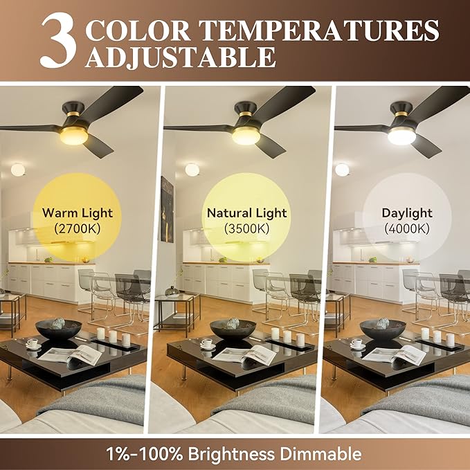 SMAAIR 52 Inch Smart Ceiling Fan with Lights and 10-speed DC Motor, Works with Remote Control/Alexa/Google Home/Siri, Dimmable LED Light (52 Inch, Matte Black/Gold)