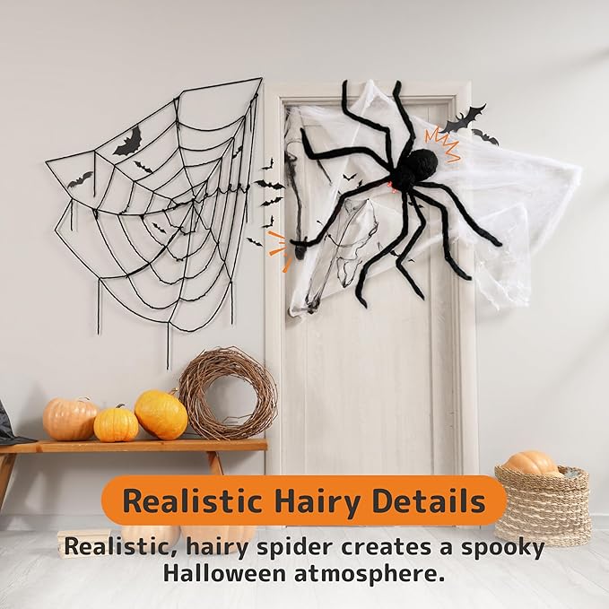 PREXTEX Halloween Spider with Light Up Eyes (LED Lights) - Decorations 4 Ft Hairy Spider Prop with Giant LED Red Eyes - Halloween Decor for Indoor, Outdoor, Golf Cart, Wall - Door Hanger