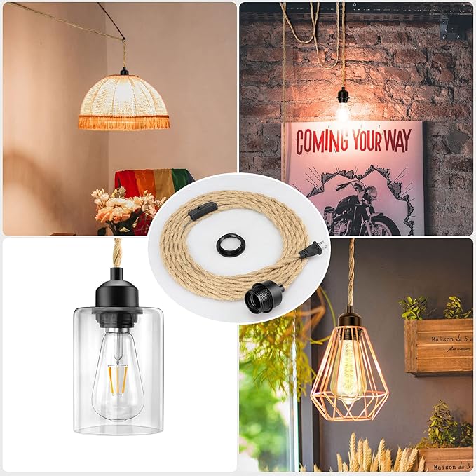 2Pack Plug in Pendant Light Cord, Farmhouse Hanging Lights with Plug in Cord, 15FT Hemp Rope Plugin Hanging Light Cord Kit with On/Off Switch, E26 E27 LightSocketCord
