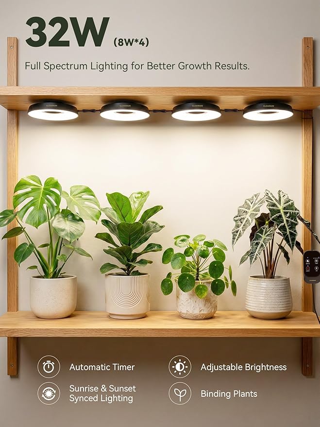 GLOWRIUM Grow Lights for Indoor Plants, Full Spectrum Puck Grow Light with Manual & APP Control, 32W(4 x 8W) Plant Lamp Auto-Timer, Plant Assistant 10 Levels Dimmable for Plant Shelf (4 Packs,Black)