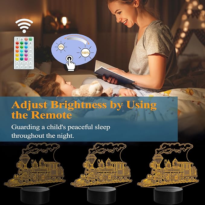 Train Night Light, Stream Train Gifts, 3D Illusion Lamp with Remote Control, 16 RGB Colors, 4 Flashing Modes, Timer, Kids Room Decor