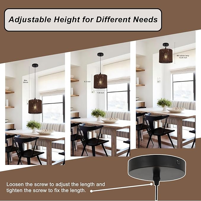 Farmhouse Rustic Wood Drum Pendant Light, 1-Light Rural Ceiling Hanging Lamp Lighting Fixture with 7" Lampshade, Boho Chandelier for Kitchen Island Hallway Dining Room Dark Brown