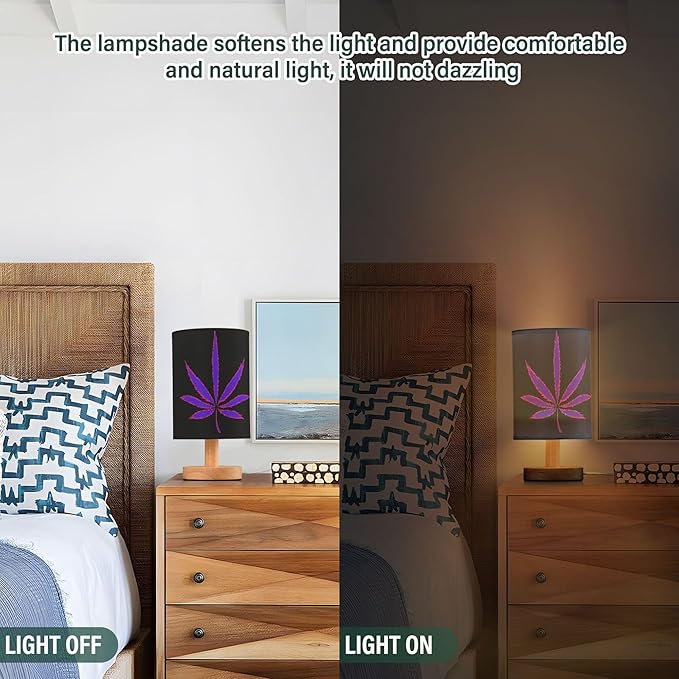 Table Lamp Neon Purple Marijuana Leaf Cannabis Weed Leaves on Black Nightstand Lamp with Wood Base Fabric Lamp Shade Bedside Desk Lamp for Living Room Bedroom Kids Room Office