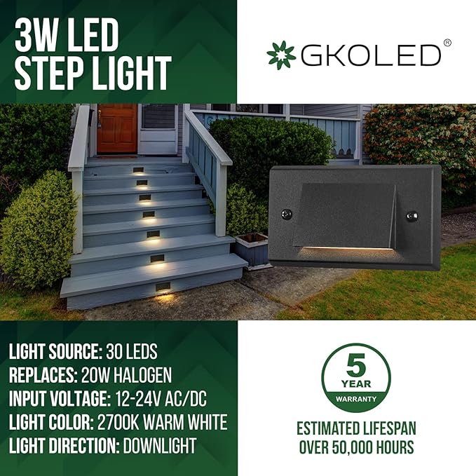 GKOLED Low Voltage LED Landscape Step Lights, 12V 3W Outdoor Riser Light, Deck Lights for Steps Stairs Fences Pathway Yard Lawn Wall, 2700K IP65, 3.3FT Lead Wire, Black, 4-Pack