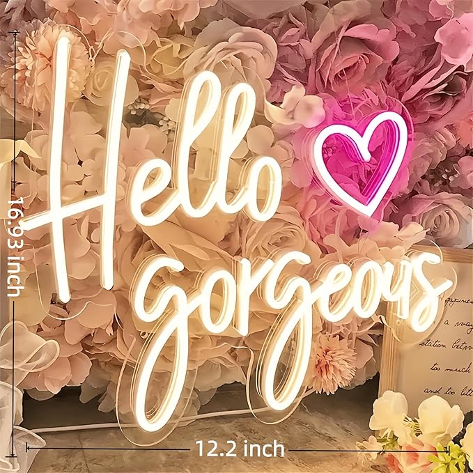 Hello Gorgeous Neon Light for Wall Decor, Pink USB Powered LED Sign with Dimmable Switch, Neon Sign for Home, Wedding, Birthday Backdrop, Party (Warm White)