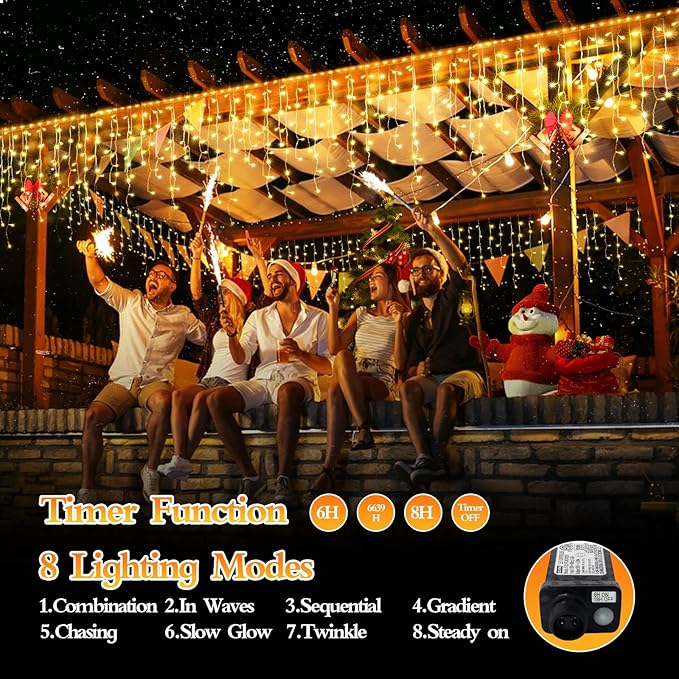 1600 LED 164FT Outdoor Christmas Lights Plug in 8 Modes with Timer Dimmable Christmas Decorations Waterproof Indoor Curtain String Lights for Roof Porch Garden Holiday Wedding Party Decor Warm White