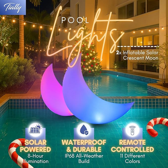 TIALLY Floating Pool Lights Solar Powered - 24" Ramadan Inflatable Light, Moon Floating Pool Decorations, Floating Solar Pool Lights for Swimming Pool, Weddings, Pool Party Decor (2 Pack)