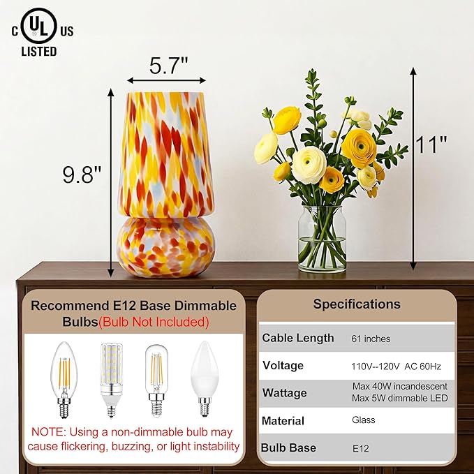 9.8 Inch Mushroom Table Lamp, UL Listed Dimmable Small Desk & Bedside Lamp with Woven Beige Cord, Handcrafted Pattern, Murano Home Decor for Bedroom, Living Room, Entryway (Pastel Confetti)