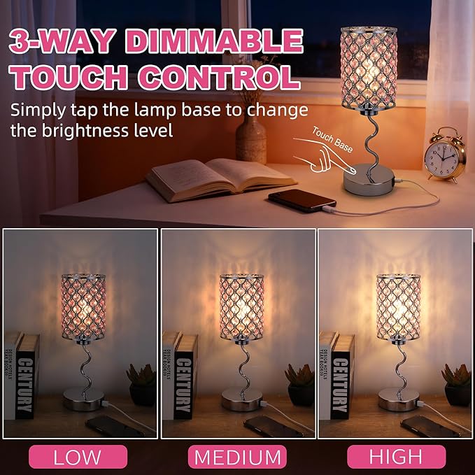 Crystal Table Lamp with 3 Way Dimmable Touch Control, Nightstand with USB A+C Ports, Modern Bedside Touch Lamp for Bedroom, Living Room, Office Reading, Pink