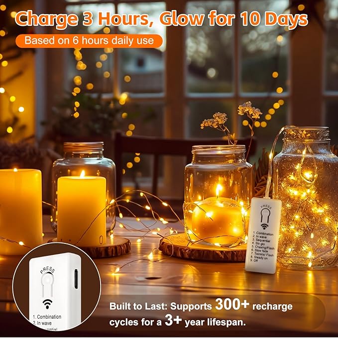 6 Pack Rechargeable Fairy Lights with Remote & DIY Timer, 7ft 20LED Dimmable Silver Wire String Light for Mason Jar, Mini Twinkle Lights for Indoor Christmas Bedroom Wedding Decor, Warm White