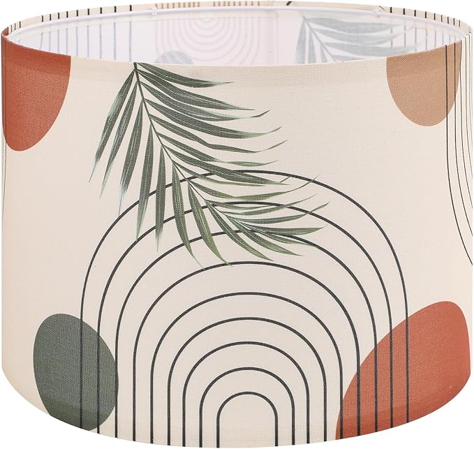 Fabric Linen Lamp Shade, Boho Lampshade with Tropical Plant and Line Pattern, 13x10inch Lamp Shades for Floor Lamps fit with Spider/Uno, Drum Lampshades for Table Lamp/Pendant (Easy Assemble)