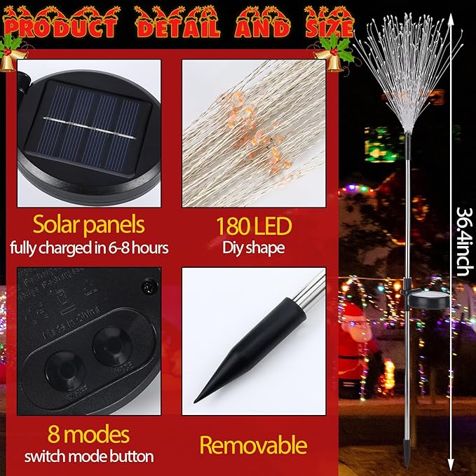 6 Pcs Solar Firework Stake Lights 180 LED 8 Modes Solar Waterproof LED Sparkler Lights Outdoor Decoration for Wedding Mother's Day Garden Patio Yard Pathway Walkway Lawn (Red, White)