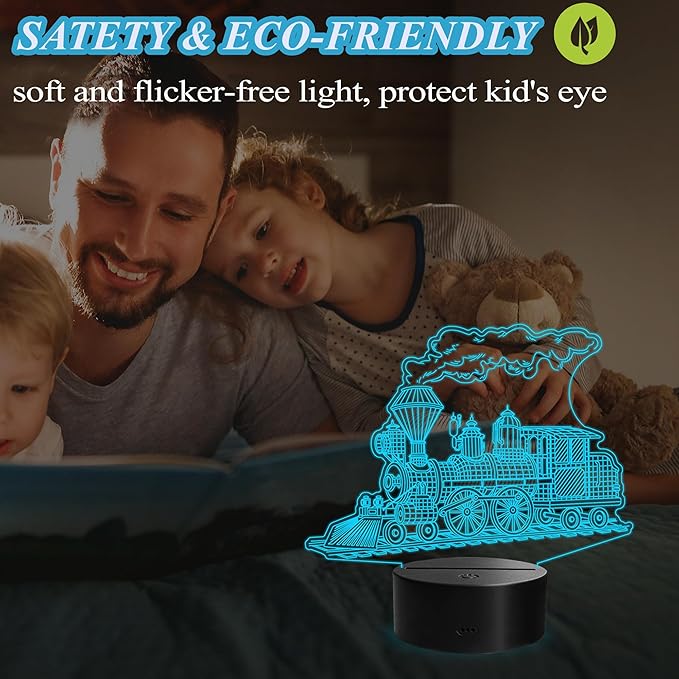 Train Night Light, Stream Train Gifts, 3D Illusion Lamp with Remote Control, 16 RGB Colors, 4 Flashing Modes, Timer, Kids Room Decor