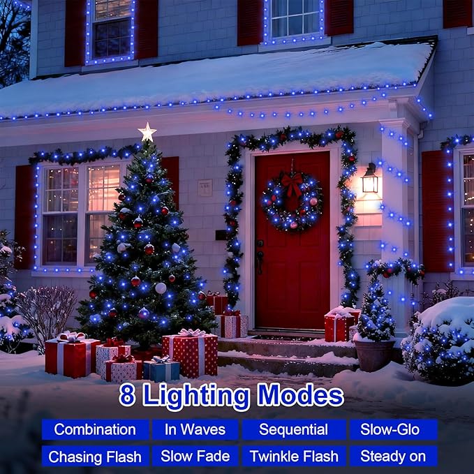 QITONG Blue String Lights Outdoor, 165ft 500 LED Christmas Light Plug-in with 8 Modes, Clear Wire Twinkle Xmas Lights Indoor
