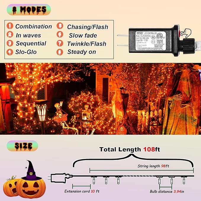 ILLUMINEW 300 Led Orange String Lights Outdoor Halloween Decorations, 108 Ft Thanksgiving Decor Lights 8 Modes Fairy Lights for Bedroom Yard Room Decor