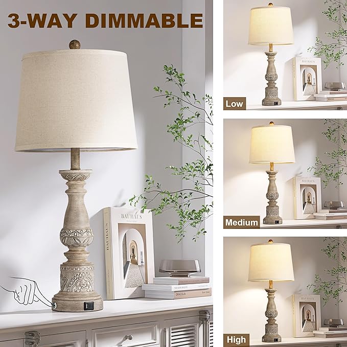 Table Lamps for Living Room Set of 2 Farmhouse Bedroom Lamps with USB C+A Charging Ports Touch Bedside Lamps for Nightstand,2 Bulbs Included
