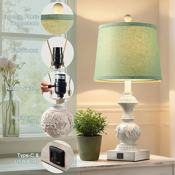 Green Bedside Lamp Set of 2 Vintage Farmhouse Table Lamps with USB A+C Ports 23.5" Floral Carved Pull Chain Boho Nightstand Lamps for Living Room Bedroom Home Office Dorm (No Bulb)