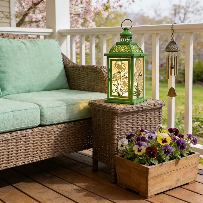 DECORKEY Spring Decorations for Home, 14.4" Decorative Daisy Green Lantern with 61" LED Lights(No Battery) for Home Indoor Outdoor Decor, Hanging Metal Candle Holders for Spring St.Patrick’s Day Gift
