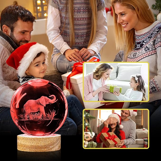 3D Elephant Crystal Ball Night Light with Woodern Base, 3.15" Elephant Figurines Glass Lamp with 16 Colors Cool Desk Decor Elephant Gifts for Women Kids Friends Adults