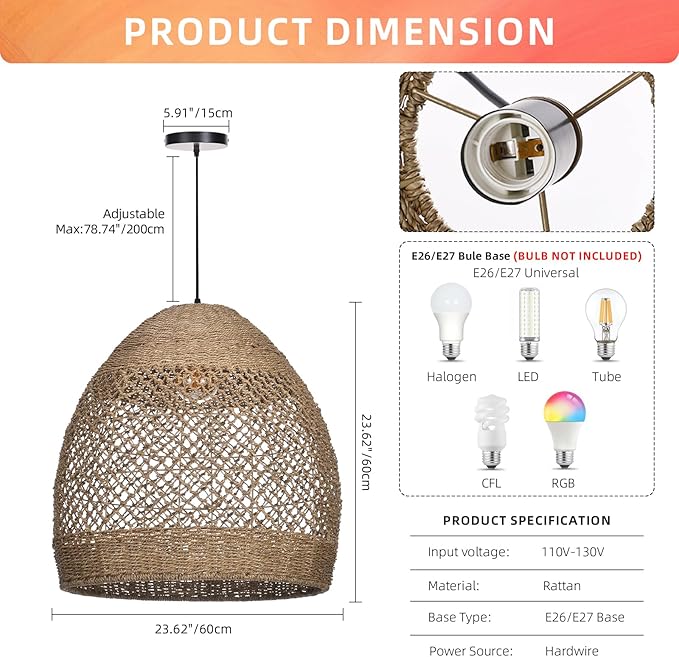 Arturesthome Large 23.6in Rustic Rattan Pendant Light,Basket Hanging Light Ceiling Lamp for Dining Room, Farmhouse Wicker Chandelier for Living Room Foyer Bedroom Hallway