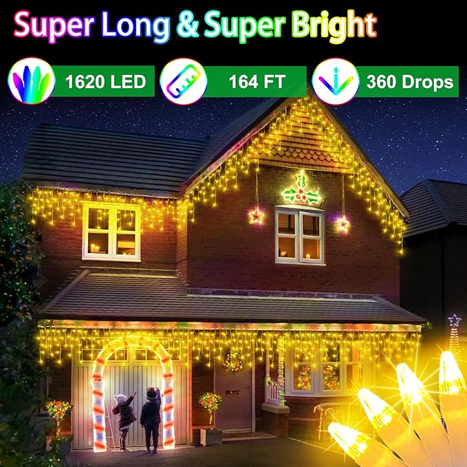 1620 LED 164FT 360 Drops Christmas Lights, Outdoor Hanging lights 8 Modes and Timer Memory, Outside Waterproof Curtain String Lights for House Tree Holiday Wedding Party Decorations (Warm White)