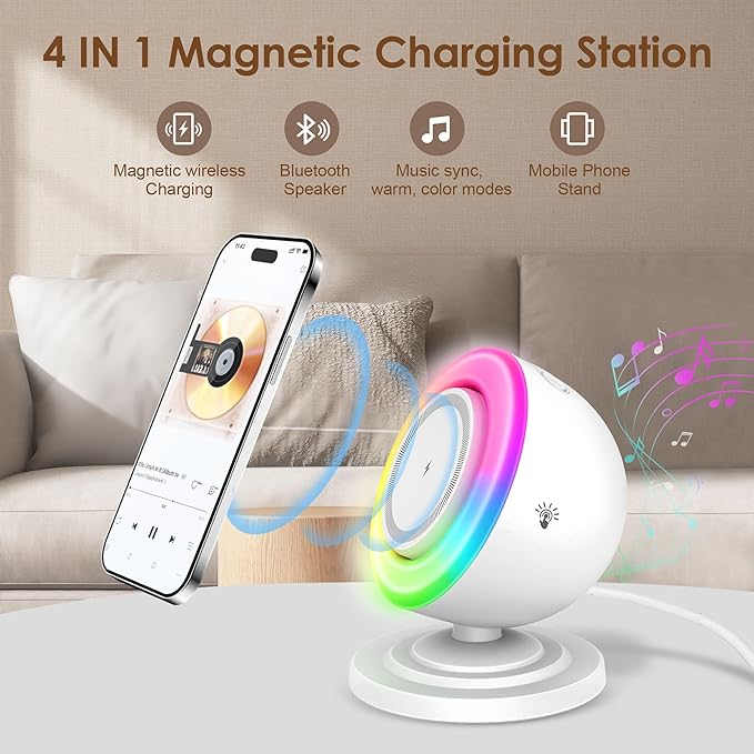 4 in 1 Bluetooth Speaker with 15W Magnetic Wireless Charger, Bedside Night Light,Touch Dimmable RGB Lights & Phone Stand for iPhone,Samsung,Android Device, Ideal Valentine‘s Gifts for Lovers (White)