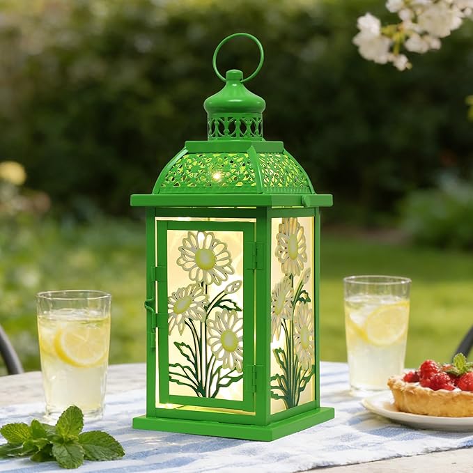 DECORKEY Spring Decorations for Home, 14.4" Decorative Daisy Green Lantern with 61" LED Lights(No Battery) for Home Indoor Outdoor Decor, Hanging Metal Candle Holders for Spring St.Patrick’s Day Gift