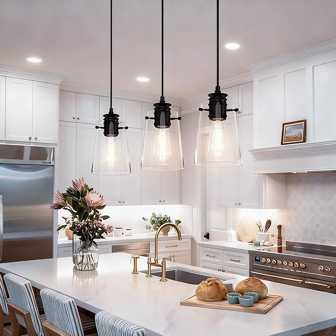 Pendant Lights Kitchen Island, Modern Industrial Pendant Light Fixtures with Glass Shade, E26 Socket Adjustable Cord for Dining Room, Bedroom, Living Room, Farmhouse Pendant Lighting 1Pcs
