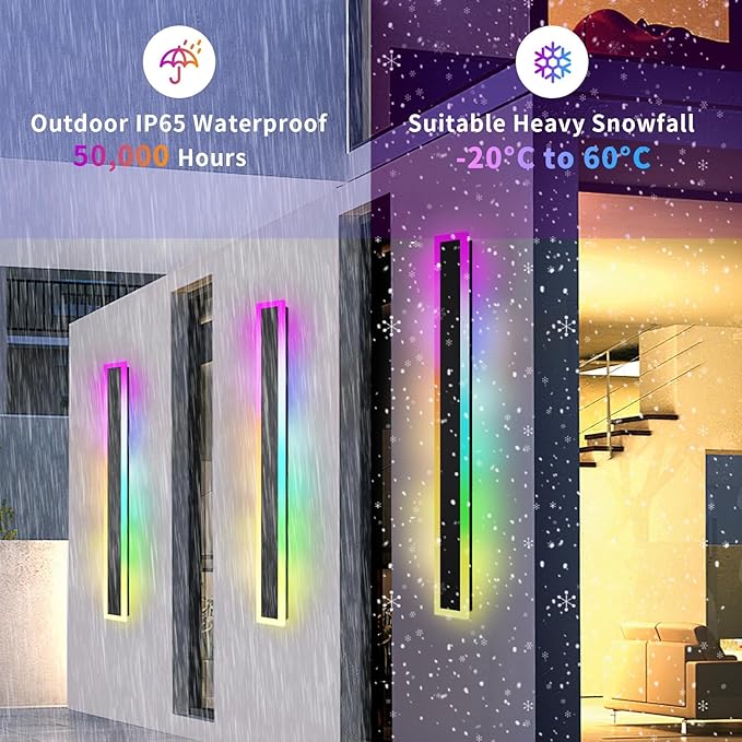 Outdoor RGB Long Wall Lights, 70.8inch 2 Pack RGB/Warm/White Dimmable Modern Led Wall Lighting, Ip65 Waterproof Long Wall Sconce with Remote and APP Control for Outdoor/Indoor