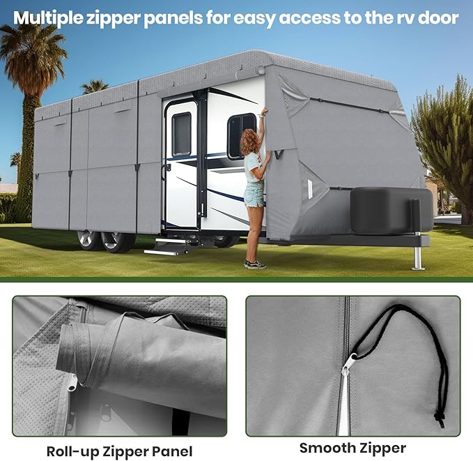 XGear Windproof Upgraded RV Cover Travel Trailer Cover, Extra-Thick 5 Layers Anti-UV Top, Rip-Stop with 2PCS Extra Straps (5 Layer/Travel Trailer Cover, Fits 24' - 27')