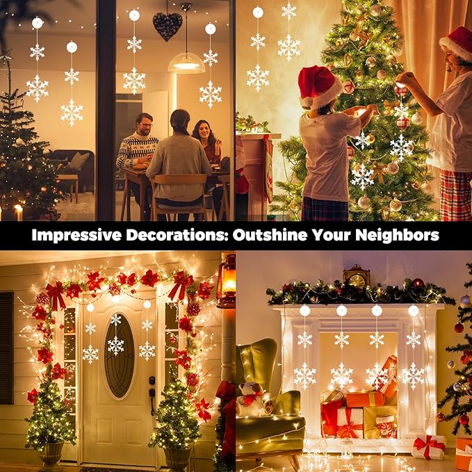 suddus Christmas Window Lights Decorations, 2Pcs Battery Operated Snowflake Lights with Suction Cup, Timer & 2modes Hanging Christmas Light for Tree, Indoor, Holiday, Fireplace, Wall, Cool White