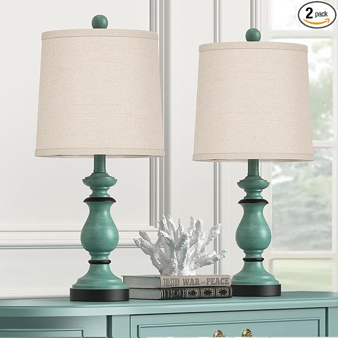 PARTPHONER Traditional Table Lamp Set of 2, Rustic Farmhouse Table Lamps for Living Room Bedroom, 22" Bedside Desk Lamps Vintage Nightstand Lamps with Linen Shades, Green