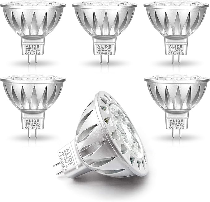 ALIDE MR16 7W GU5.3 Led Bulbs Replace 50W-75W Halogen Equivalent,2700K Warm White,12V Low Voltage MR16 Bulb Spotlight for Outdoor Landscape Flood Track Recessed Lighting,560lm,38 Deg,6 Pack