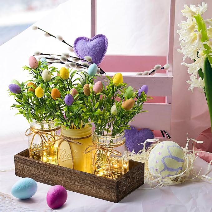 Easter Centerpiece Table Decorations for Table Runner Farmhouse Coffee Table Decor with Wood Tray and Led Light Table Centerpieces for Dining Room Kitchen Living