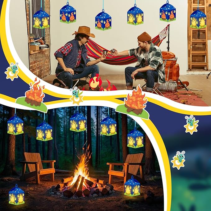 12 Sets Camp Crafts with LED Candles Lights Camping Campfire Vbs Tissue Paper Crafts Kits DIY Campfire Lantern Hanging Ornaments for Vbs Sunday School Party Activities