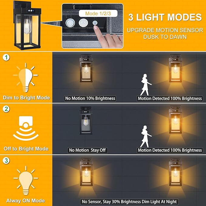 Solar Wall Lights Outdoor, Motion Sensor Sconce with 3 Lighting Modes, Dusk to Dawn Exterior Porch Light fixtures, Wall Mount Lantern Outside Waterproof for Garage Patio Yard Garden
