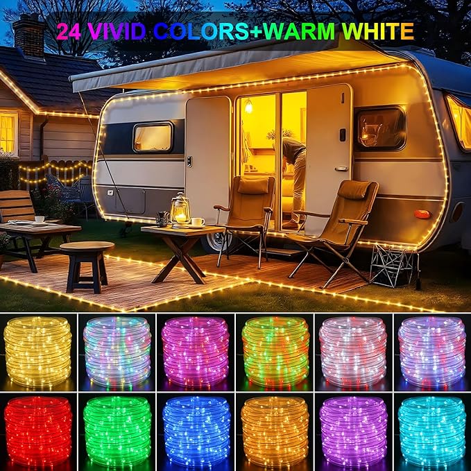 66ft 200LED Rope Light Outdoor String Lights, 24 Colors+Warm White Outdoor LED Lights Plug in, RGB Color Changing Fairy Light with Remote Rope Lighting for Camping Garden Patio Décor
