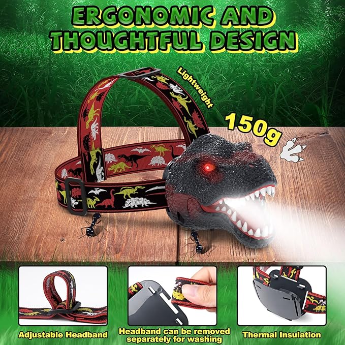 Dinosaur Headlamp for Kids Flashlight Rechargeable Led Headlights Roar & Silent Mode, T-Rex Dinosaur Toys for Kids 3-5 4-6 5-7 6-8, Camping Gear, Easter Gifts for Boys Girls Adults