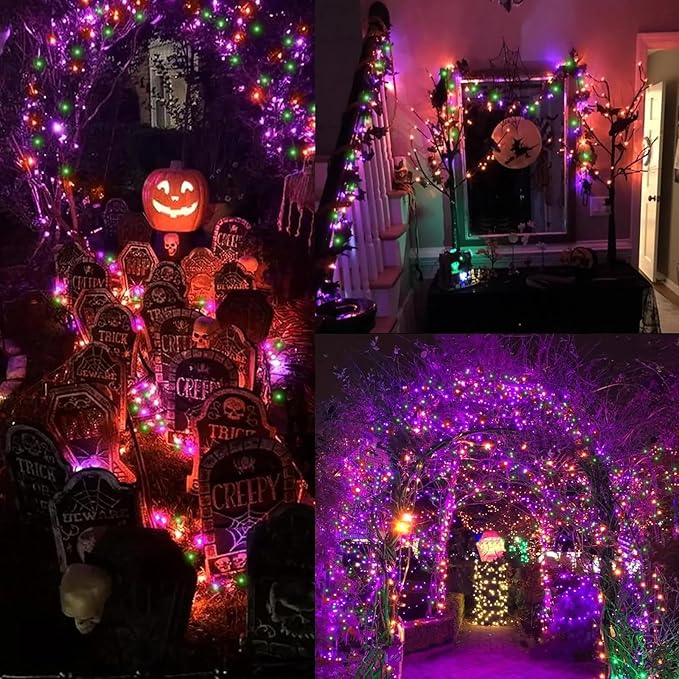 LAMPHOME 66ft Halloween Decorative Mini Lights, 200 LED Brown Wire Fairy Starry String Lights Plug in, 16 Lighting Modes for Halloween Outdoor Party Decoration (Orange/Purple/Green)