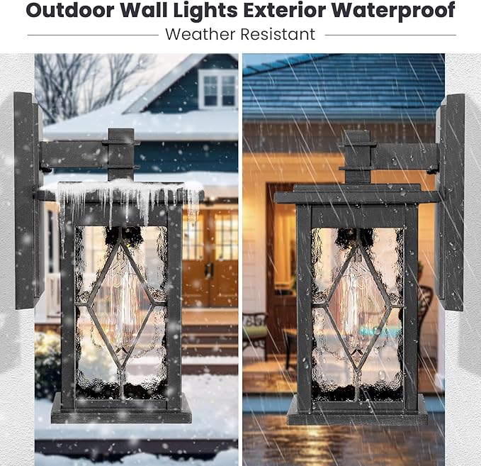 Outdoor Wall Sconce Light Matte Black Water Ripple Handmade Glass Shade Waterproof Outdoor Porch Light Wall Mount Aluminum Exterior Wall Light Fixtures