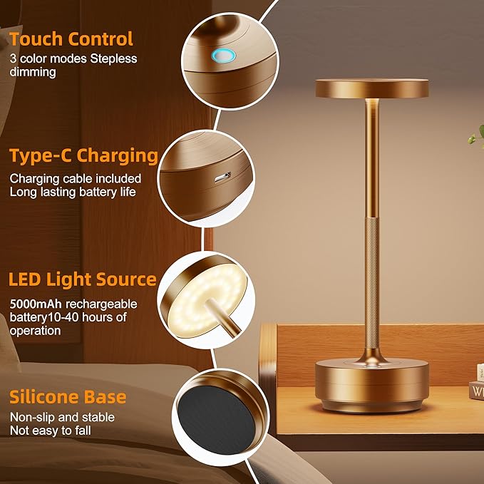 2-Pack Cordless Table Lamp Rechargeable, 5000mAh Battery Operated LED, Touch 3-Color Stepless Dimming, IP54 Waterproof Wireless Lamp for Bedroom Dining Restaurant Patio Outdoor – Titanium