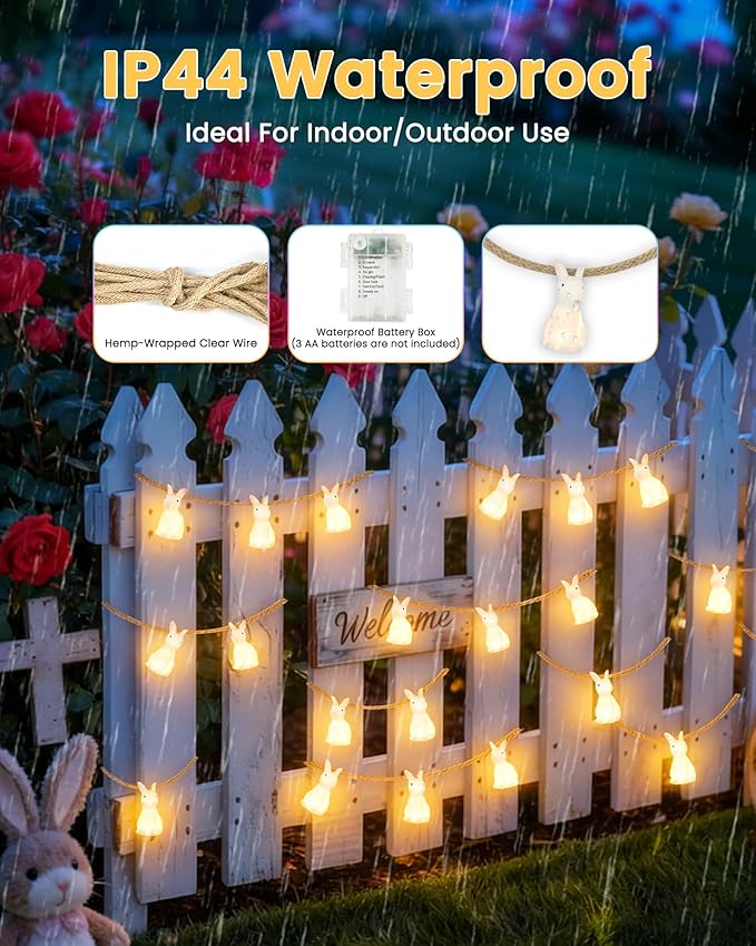 YIQU Easter Decoration String Lights, 10FT 12LED Indoor Bunny Mantel Garland Battery Operated with Remote Timer 8 Modes, Hemp Rope Banner for Fireplace Table Wall Spring Party Indoor Outdoor Decor