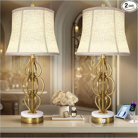 Scenekoy Table Lamp Set of 2 with USB Ports, Pull Chains Switch, 28” Gold Leaf Curved Iron Art Bedside Lamps with Linen Shade for Living Room Bedroom, Nightstand Lamps for Home Room Decor