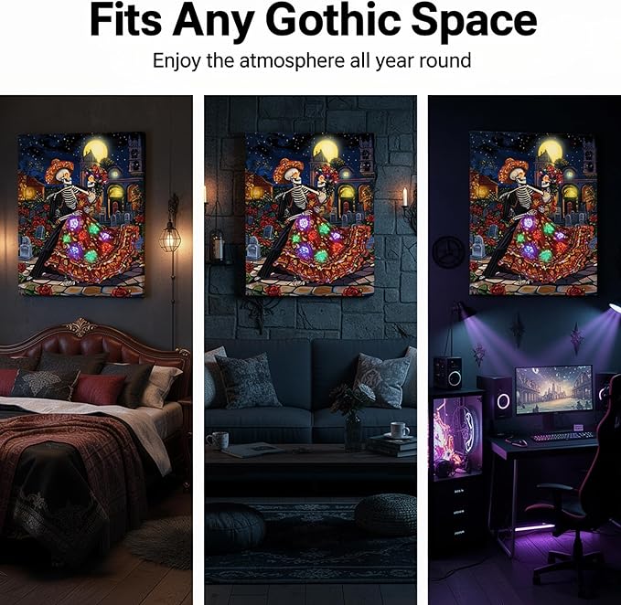 Artiluxy Ghost Bride Skeleton Couple Dance LED Wall Art - 16x20 Inch Day of the Dead Decor with RGB Color Changing Lights & Auto Timer, Vertical Hanging Gifts for Halloween